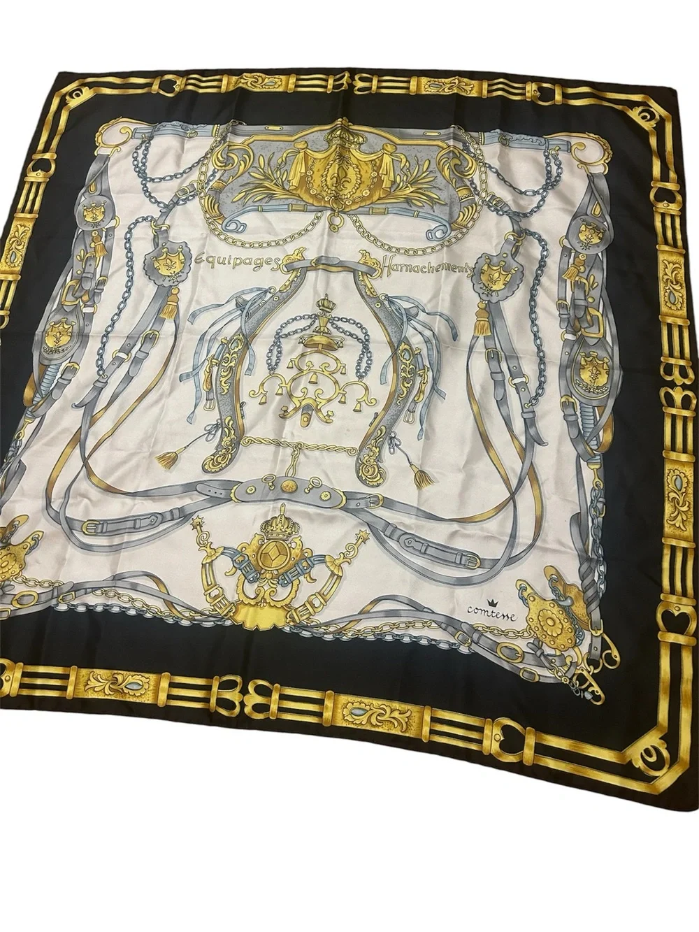 Comteme Luxuryq Black, White & Gold Women's Silk Scarf
